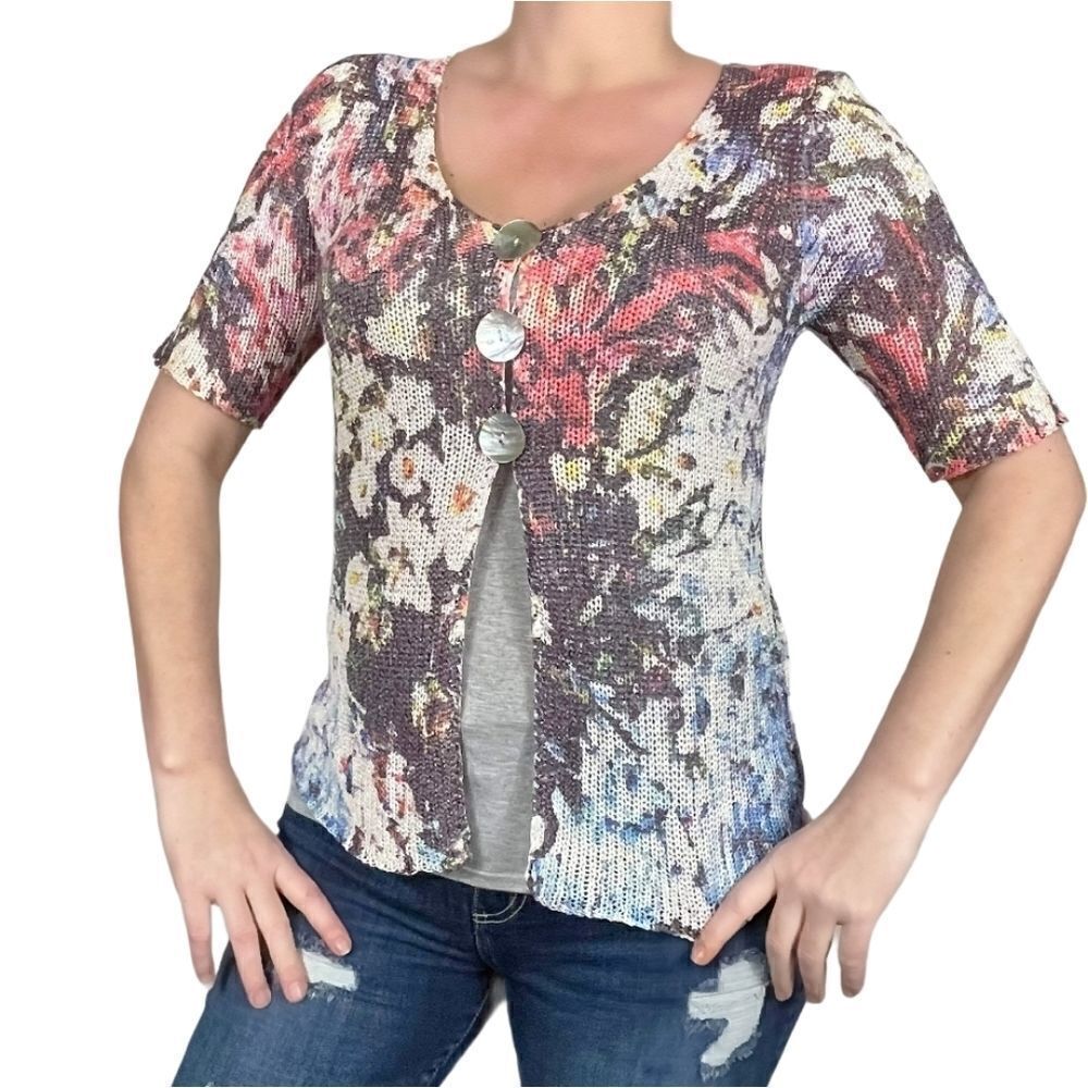 Color Works Floral Button Up Cardigan